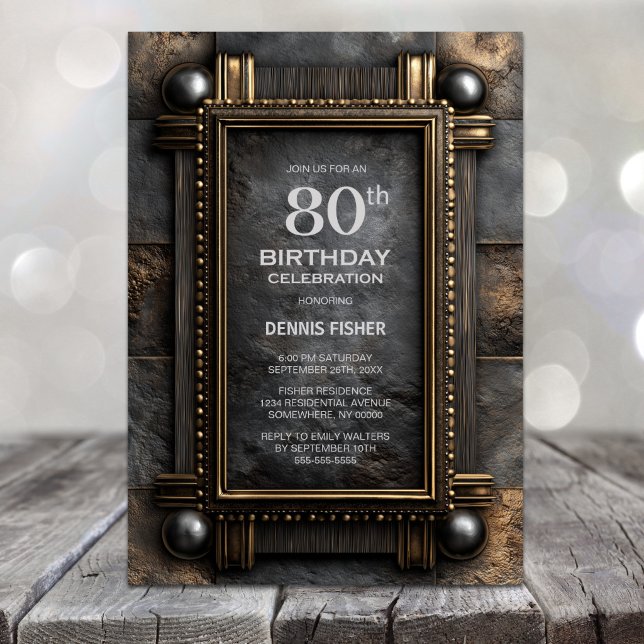 Gold Frame Stone 80th Birthday Party Invitation (Creator Uploaded)