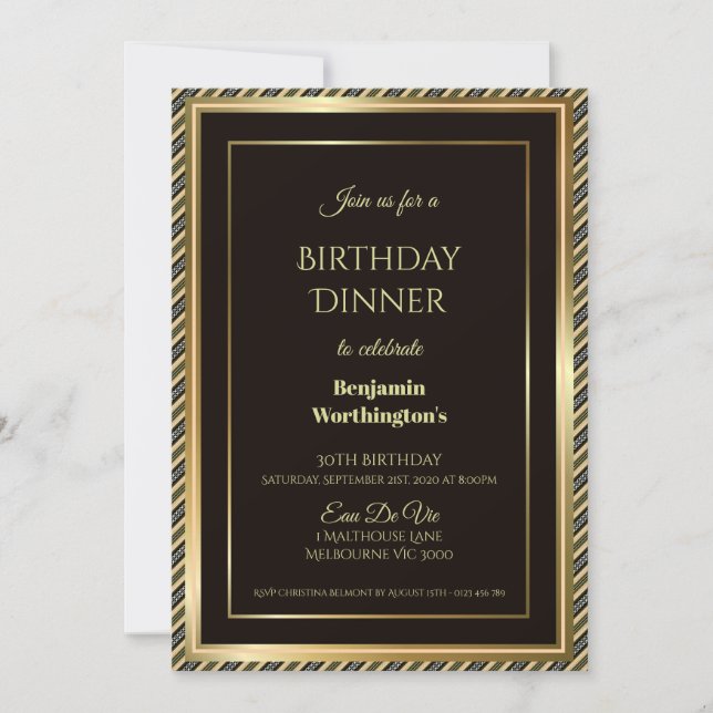 Gold Frame Striped 30th Birthday Dinner Invitation (Front)