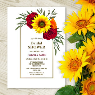 Gold Frame Sunflower Red Rose Bridal Shower Invitation