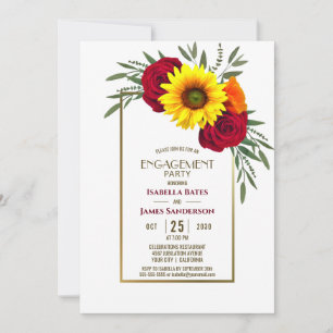 Gold Frame Sunflower Rose Engagement Party Invitation