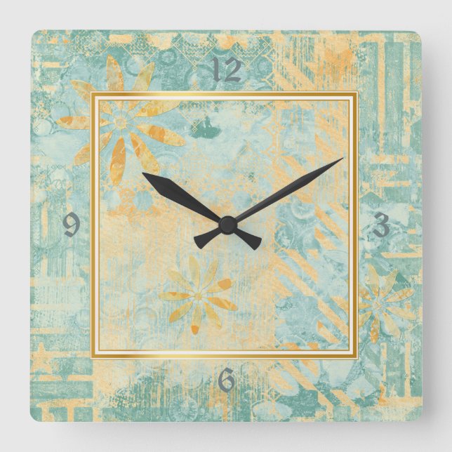 Gold Frame Teal Abstract Design Square Wall Clock (Front)