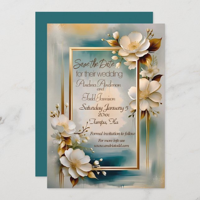 Gold frame teal background white flowers wedding save the date (Front/Back)