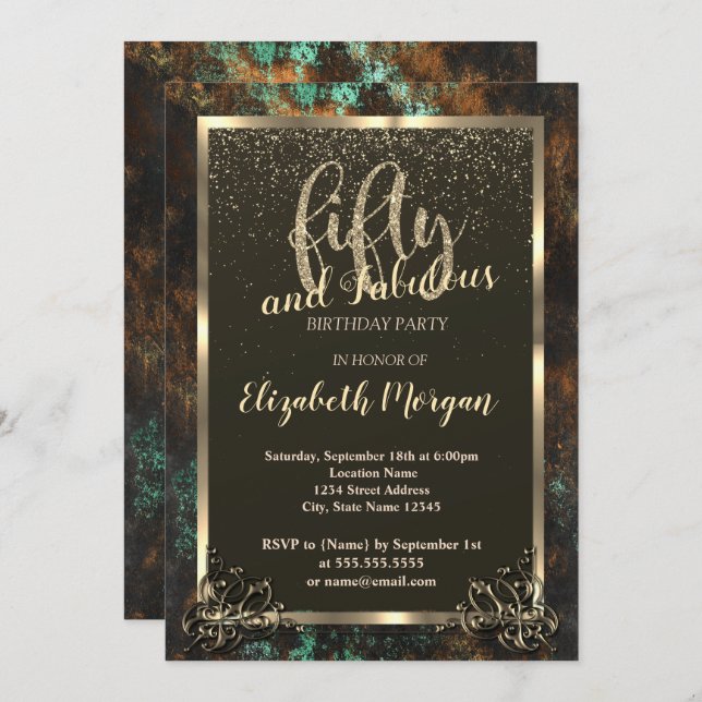 Gold Frame Teal Cooper Patina 50th  Invitation (Front/Back)
