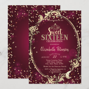 Gold Frame Tiara,Diamonds Burgundy Sweet 16 Party Invitation