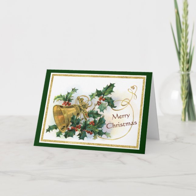 Gold Frame Vintage Longfellow Christmas Bells Holiday Card (Front)