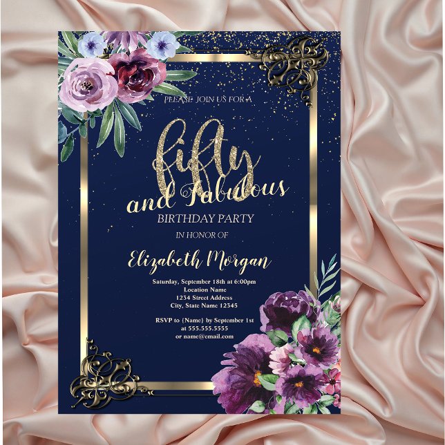 Gold Frame Violet Flowers Blue 50th Birthday  Invitation (Creator Uploaded)