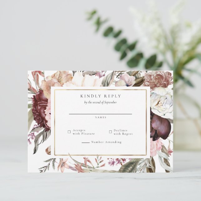 Gold Frame Wildflower Wedding RSVP Reply Card (Standing Front)