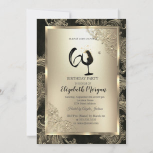 Gold Frame Wine Glass Floral Damask 60th Birthday  Invitation