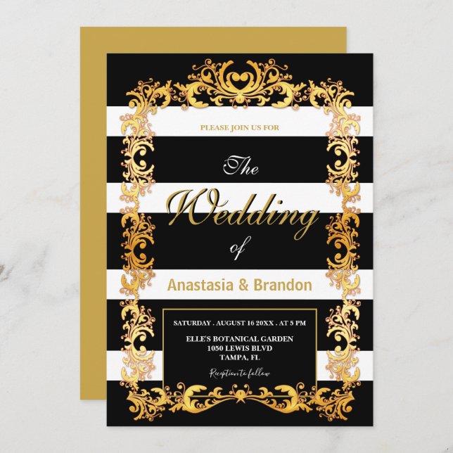 Gold Frame with Black & White Stripes | Wedding Invitation (Front/Back)