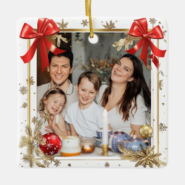Gold Frame with custom Photo Family new year 2026 Ceramic Ornament (Front)