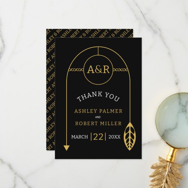 Gold frame with leaf and initials thank you card (Front/Back In Situ)