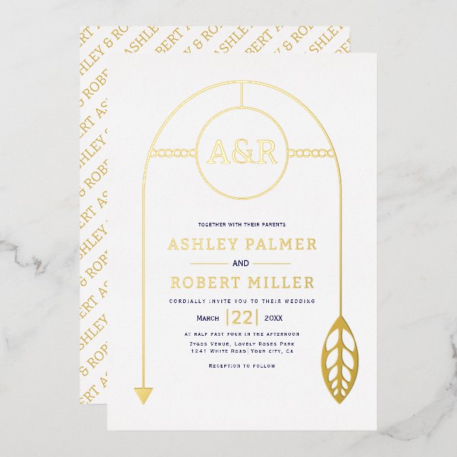 Gold frame with leaf and initials white wedding (Front/Back)