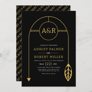 Gold frame with leaf, initials black wedding invitation