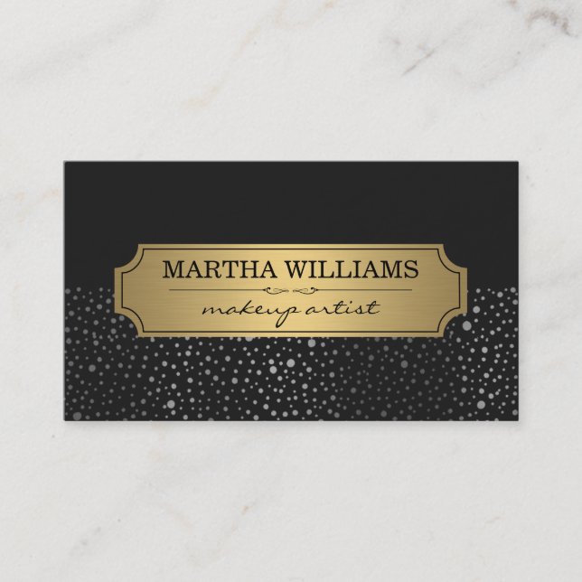 Gold Frame with Metallic Dots Pattern Black Business Card (Front)
