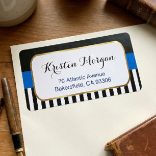 Gold Frame with Navy Blue Black White Stripes Label