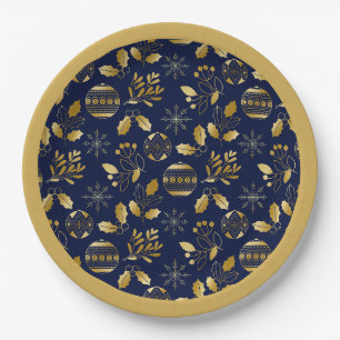 Gold Framed Blue Gold Holiday Pattern Paper Plate
