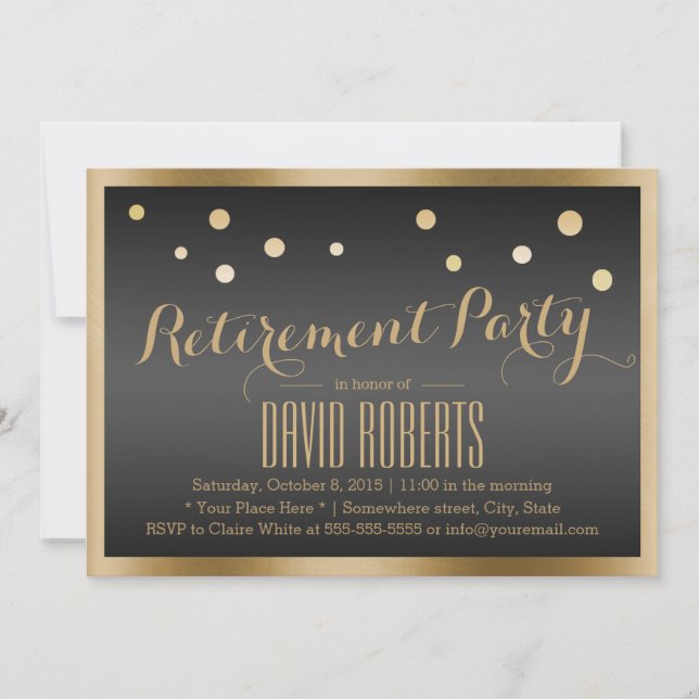 Gold Framed Confetti Dots Dark Retirement Party Invitation (Front)