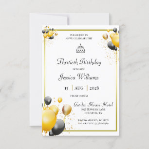 Gold Framed, Decorative Balloons Birthday Invitation