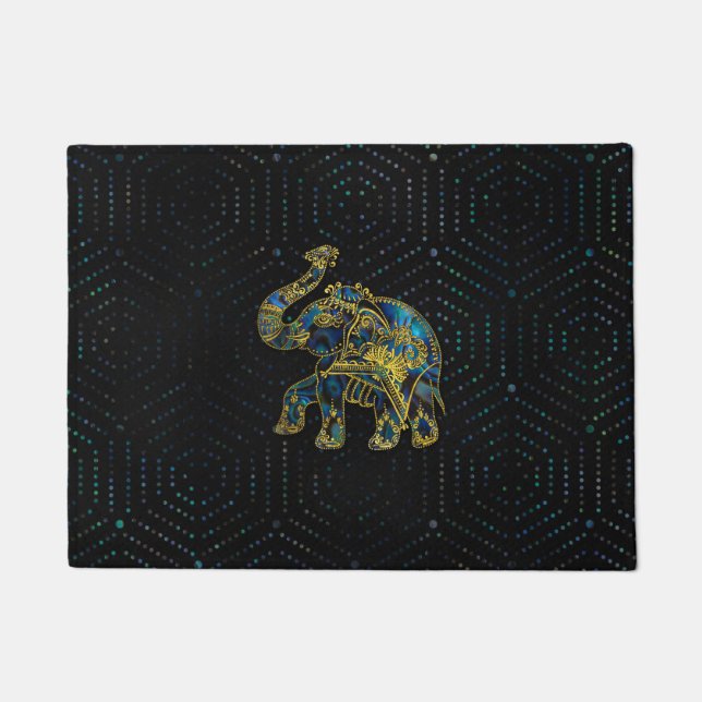 Gold Framed Elephant on Colourful Abalone decor Doormat (Front)