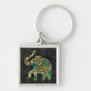 Gold Framed Elephant on Colourful Abalone decor Key Ring