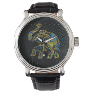 Gold Framed Elephant on Colourful Abalone decor Watch