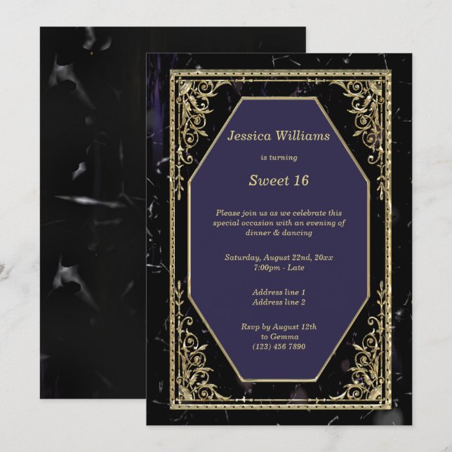 Gold Framed Marble Goth Birthday Party Invitation (Front/Back)