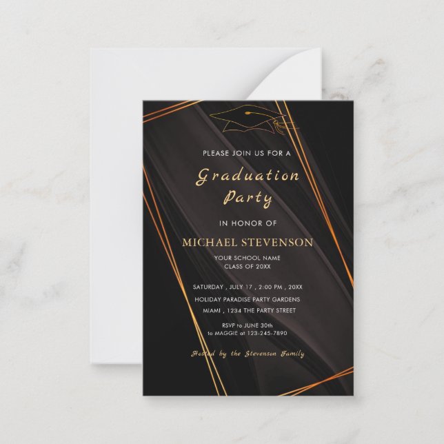 Gold Framed Modern Black Grad Party Invitation (Front)
