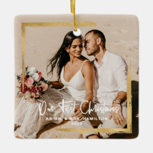 Gold Framed Our First Christmas Mr & Mrs Photo Ceramic Ornament