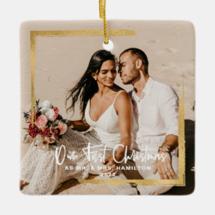 Gold Framed Our First Christmas Mr & Mrs Photo Gla Ceramic Ornament