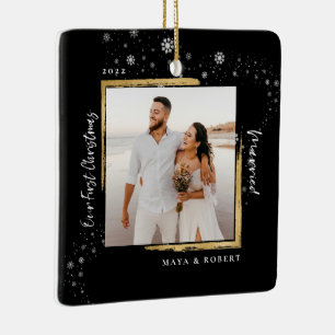 Gold Framed Photo Our First Christmas Married  Ceramic Ornament