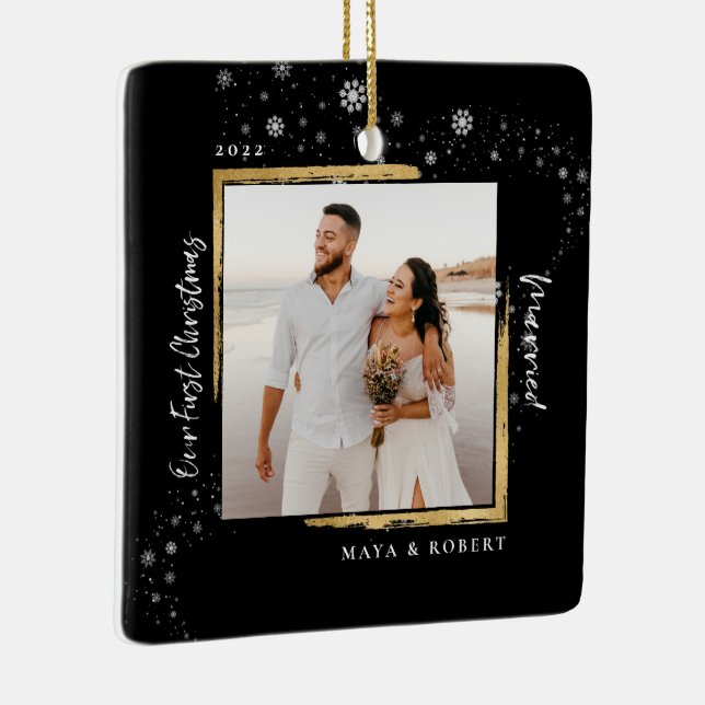 Gold Framed Photo Our First Christmas Married  Ceramic Ornament (Right)