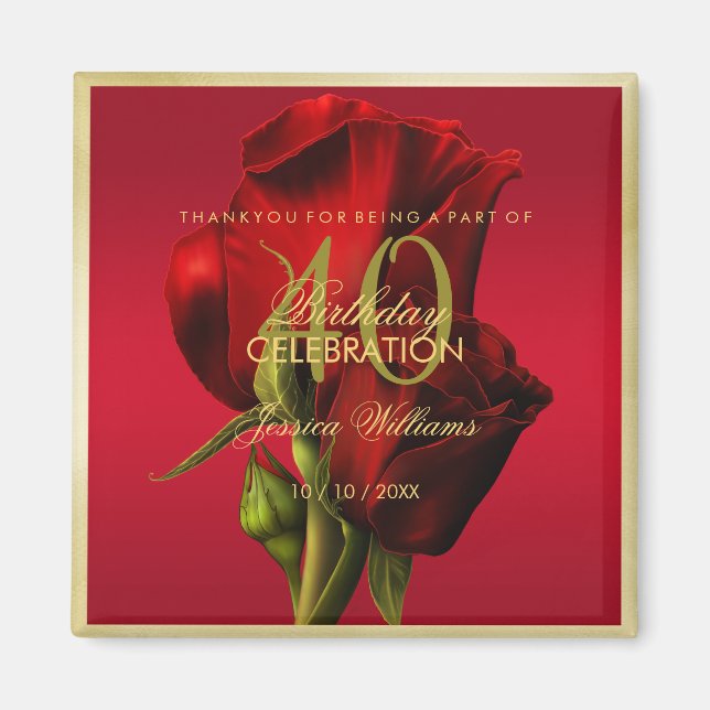 Gold Framed Romantic Red Rose Birthday Magnet (Front)