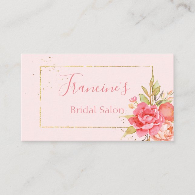 Gold Framed Watercolor Peony Bouquet Business Card (Front)