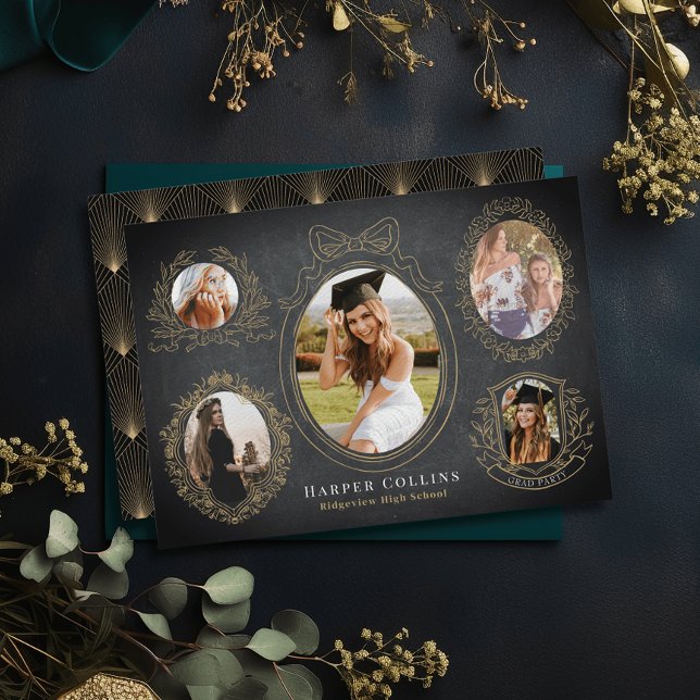 Gold Frames & Botanical Accents Black Graduation Invitation (Creator Uploaded)