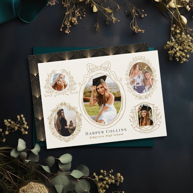 Gold Frames & Botanical Accents Cream Graduation Invitation (Creator Uploaded)