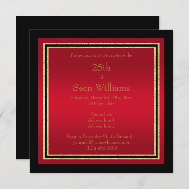 Gold Frames Red & Black Man's Birthday Invitation (Front/Back)