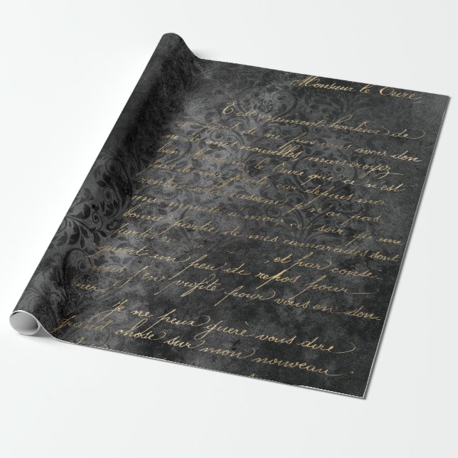 Gold French Script on Distressed Grey Wrapping Paper (Unrolled)