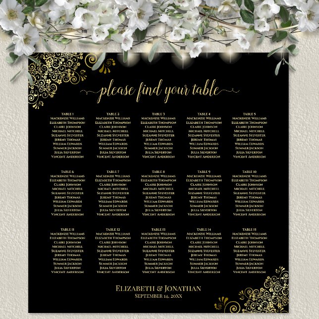 Gold Frills 15 Table Wedding Seating Chart Black (In Situ on Wall with Decorations)