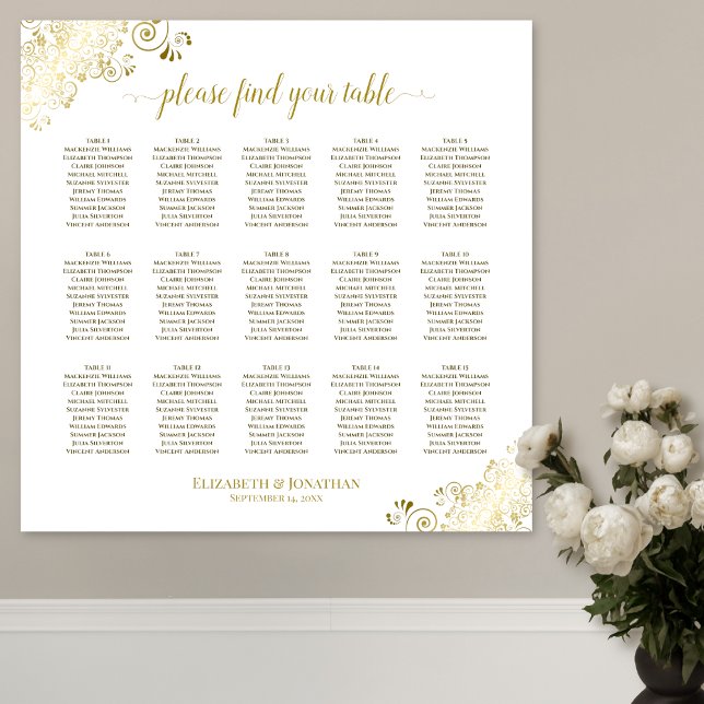 Gold Frills 15 Table Wedding Seating Chart White (In Situ on Wall)