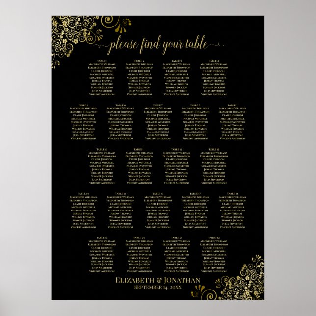 Gold Frills 22 Table Wedding Seating Chart Black (Front)