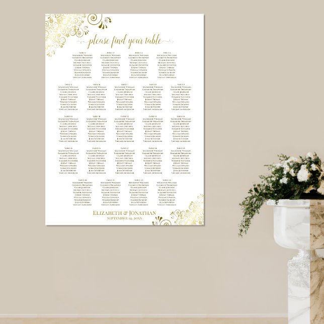 Gold Frills 23 Table White Wedding Seating Chart (Creator Uploaded)