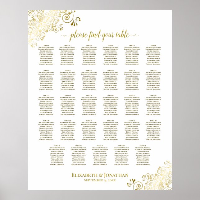 Gold Frills 29 Table Wedding Seating Chart White (Front)