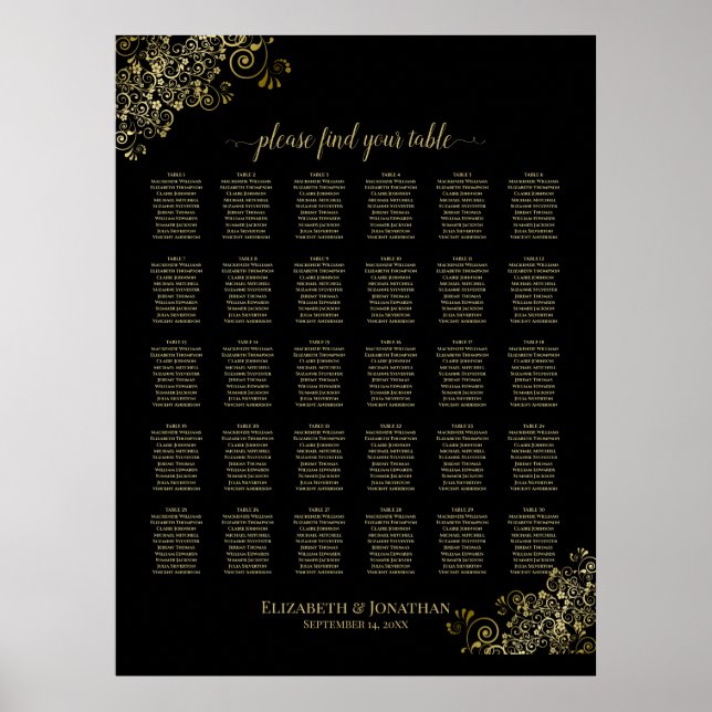 Gold Frills 30 Table Wedding Seating Chart Black (Front)