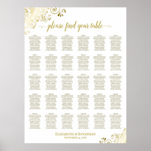 Gold Frills 30 Table Wedding Seating Chart White