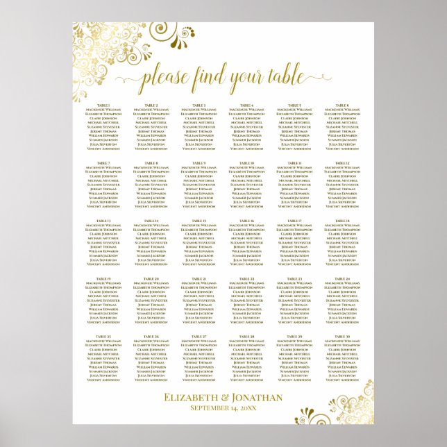 Gold Frills 30 Table Wedding Seating Chart White (Front)