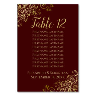 Gold Frills Auburn Brown Wedding Seating Chart Table Number