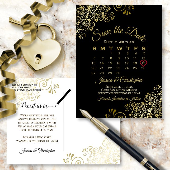 Gold Frills Black Wedding Save the Date Calendar Announcement Postcard (Creator Uploaded)