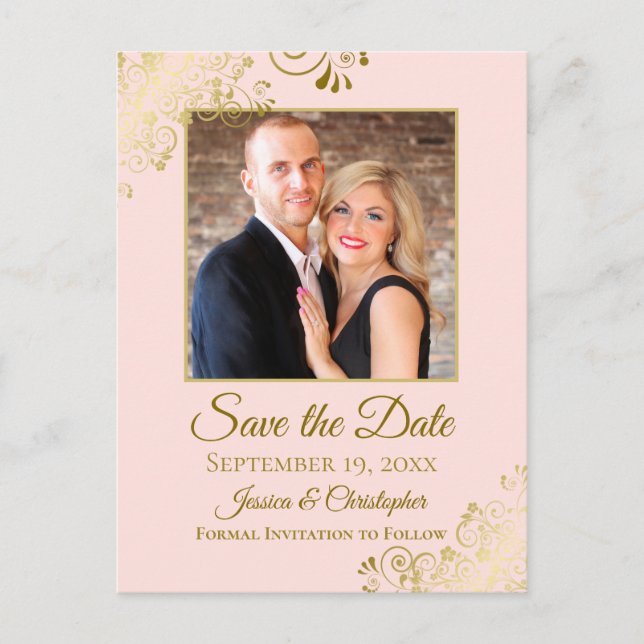 Gold Frills Blush Pink Wedding Save the Date Photo Announcement Postcard (Front)