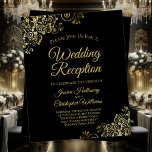 Gold Frills BUDGET Black Wedding Reception Invite<br><div class="desc">These affordable, budget friendly invitations are designed for guests who are invited to the wedding reception but not the ceremony. The design features a classic background with ornate golden frills in the corners. The typography includes fancy script lettering for a style that is at once simple and elegant. Perfect choice...</div>