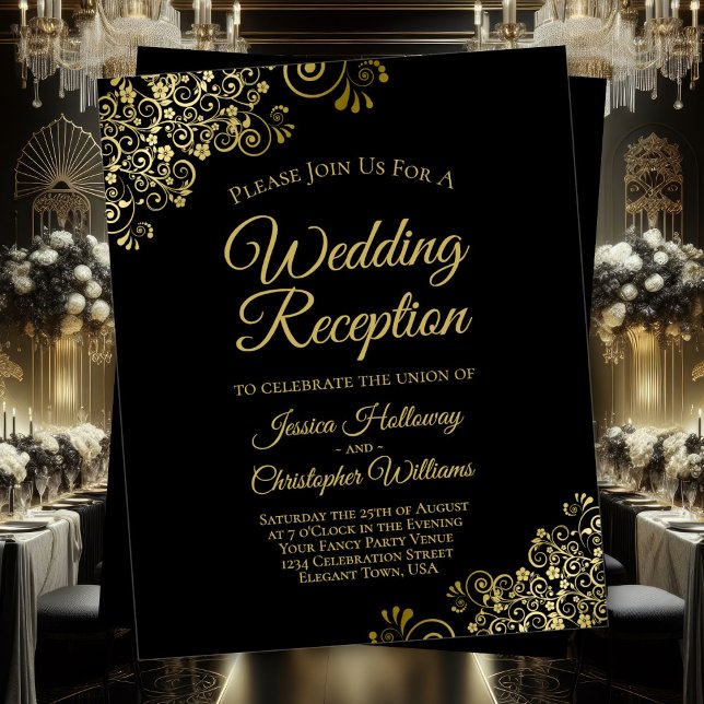 Gold Frills BUDGET Black Wedding Reception Invite (Front/Back)